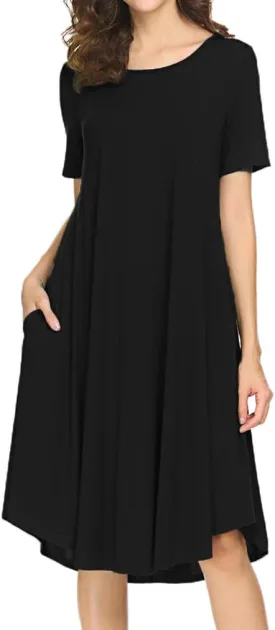 Locryz Women's Short Sleeve Pocket Swing Midi Dress Casual Loose T-Shirt Dress