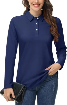 MAGCOMSEN Women's Polo Shirts Long Sleeve 3-Button Cotton Cool Shirts Wicking Casual Business Collared Shirts Tops