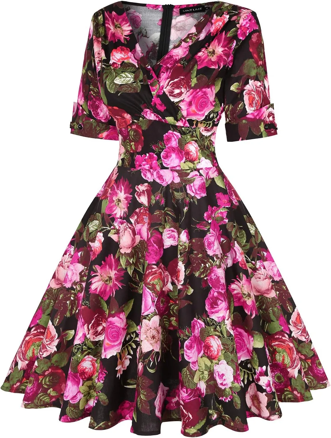 MINTLIMIT Women's 1950s Vintage Wrap V Neck Half Sleeve Retro Cocktail Swing Dress Plain A-line Dresses