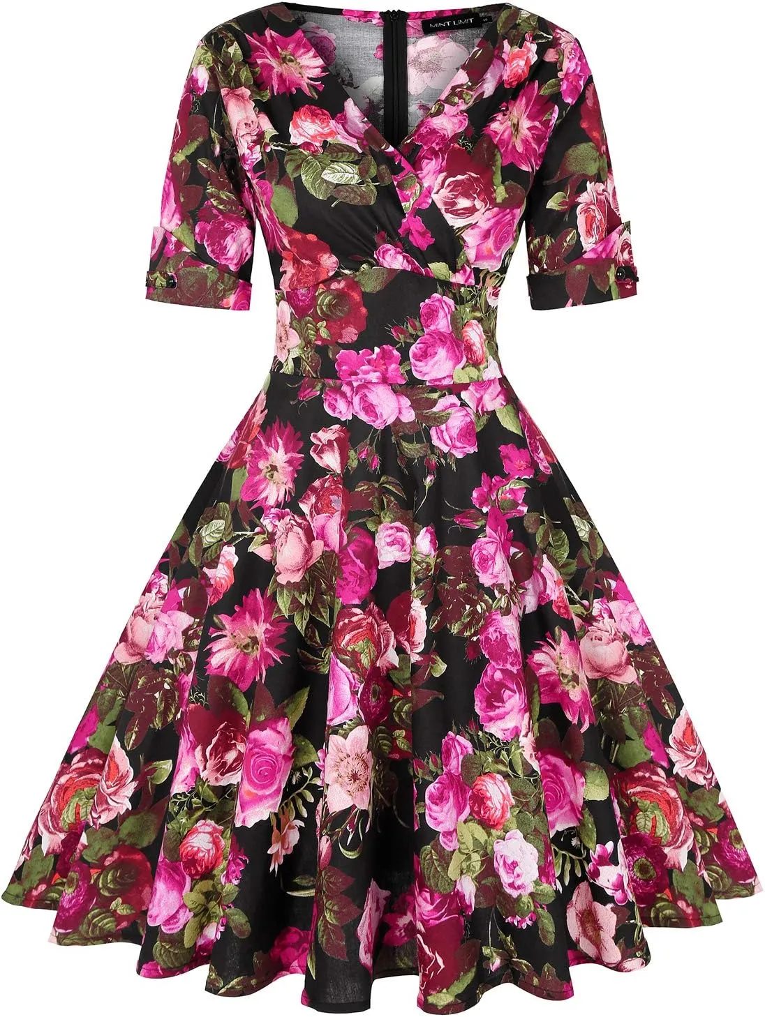 MINTLIMIT Women's 1950s Vintage Wrap V Neck Half Sleeve Retro Cocktail Swing Dress Plain A-line Dresses
