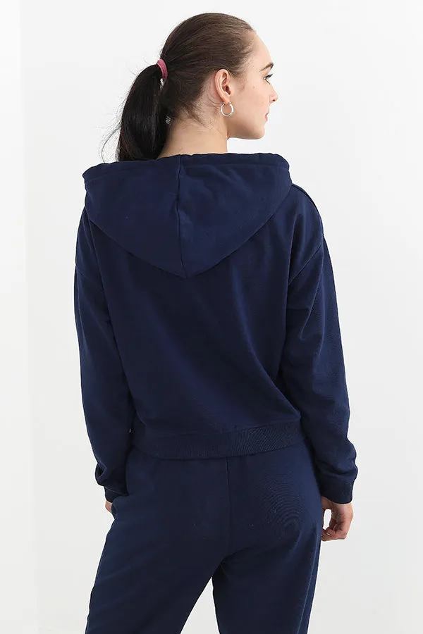 NAVY DRAWSTRING CROPPED HOODIE