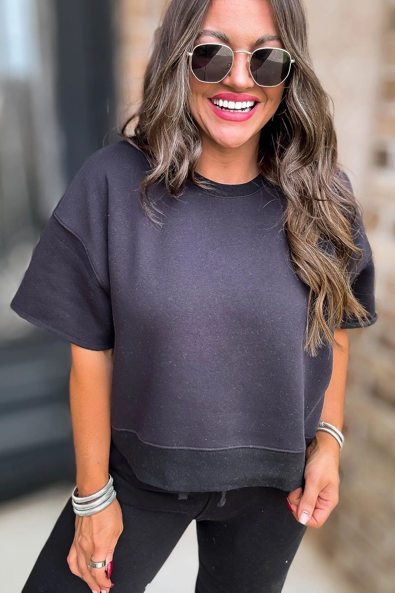 Oversized Black Crop Cut Off Short Sleeve Sweatshirt