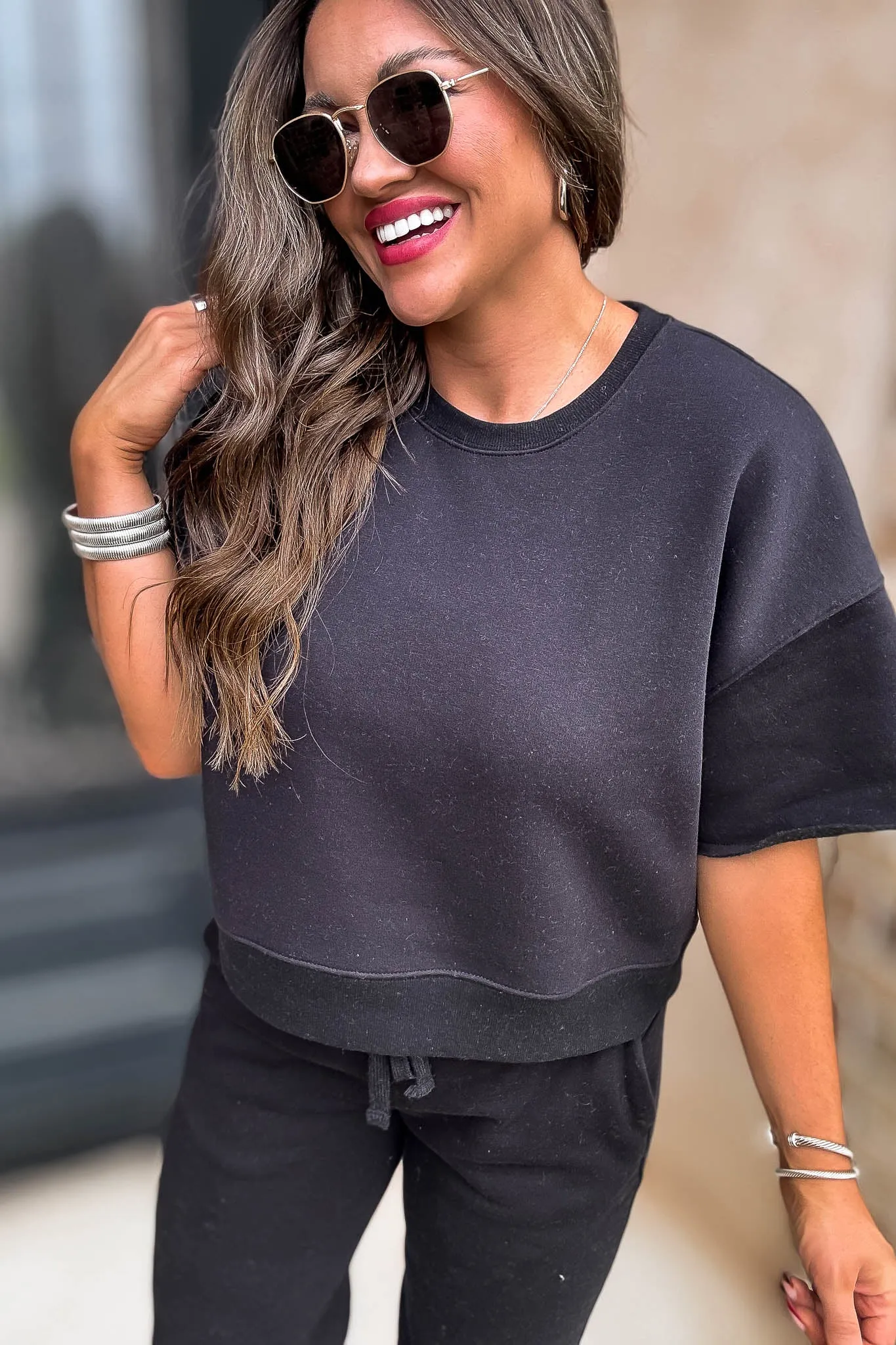 Oversized Black Crop Cut Off Short Sleeve Sweatshirt