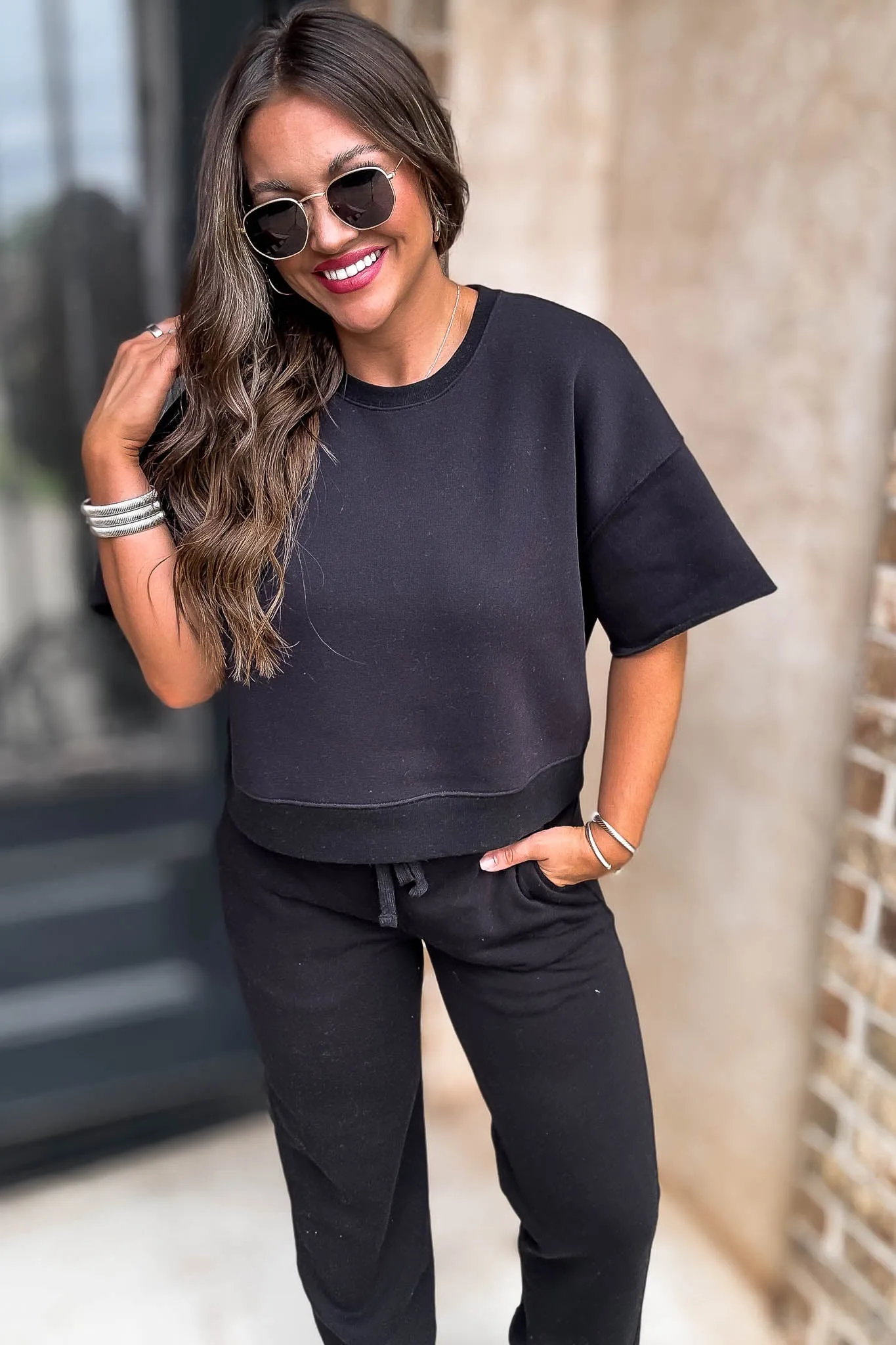 Oversized Black Crop Cut Off Short Sleeve Sweatshirt