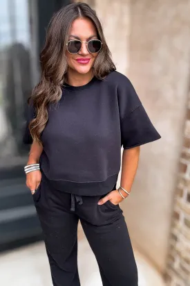 Oversized Black Crop Cut Off Short Sleeve Sweatshirt