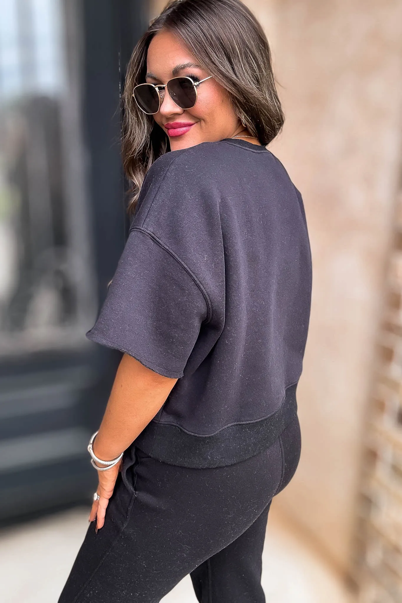 Oversized Black Crop Cut Off Short Sleeve Sweatshirt