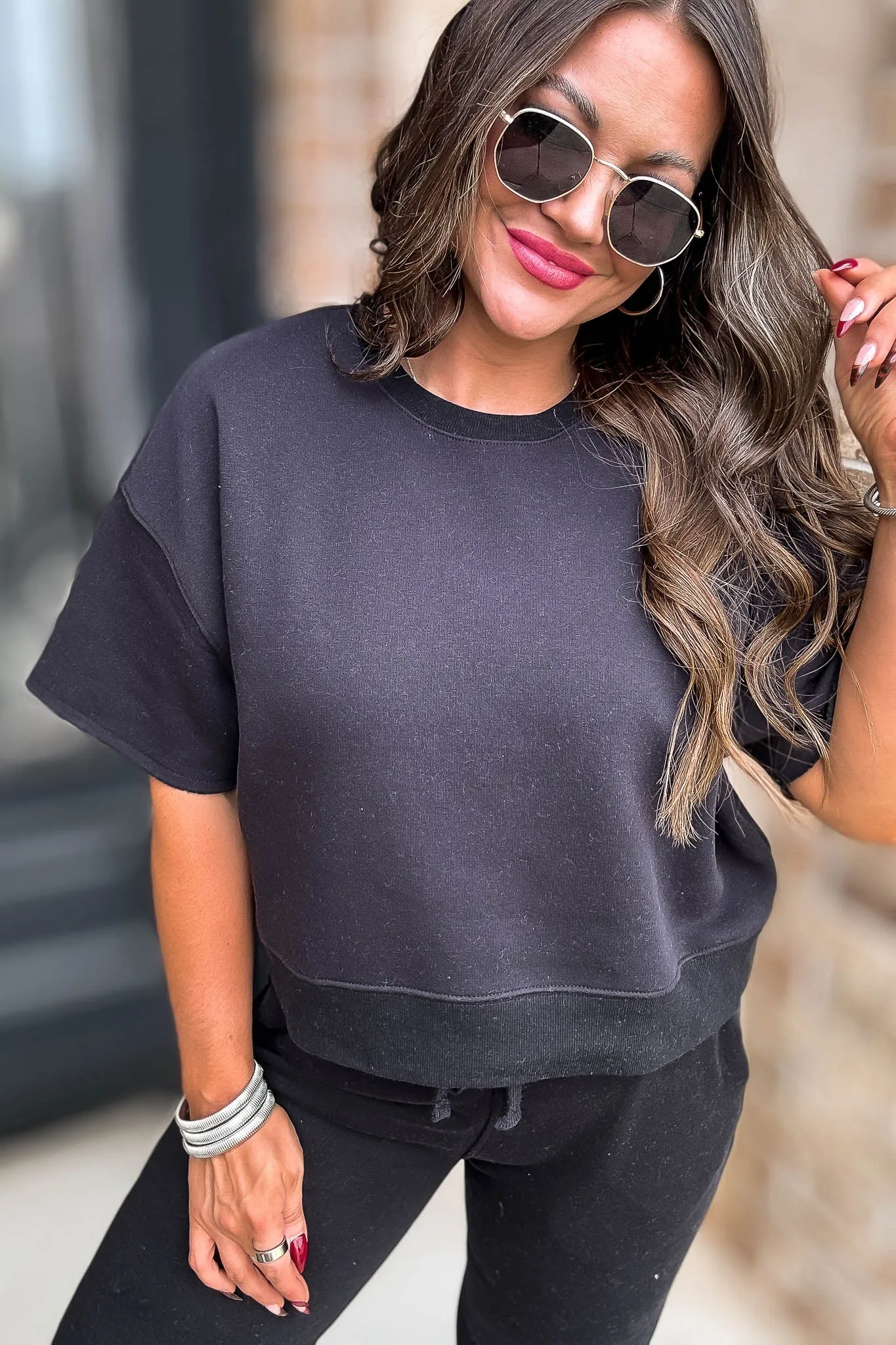 Oversized Black Crop Cut Off Short Sleeve Sweatshirt