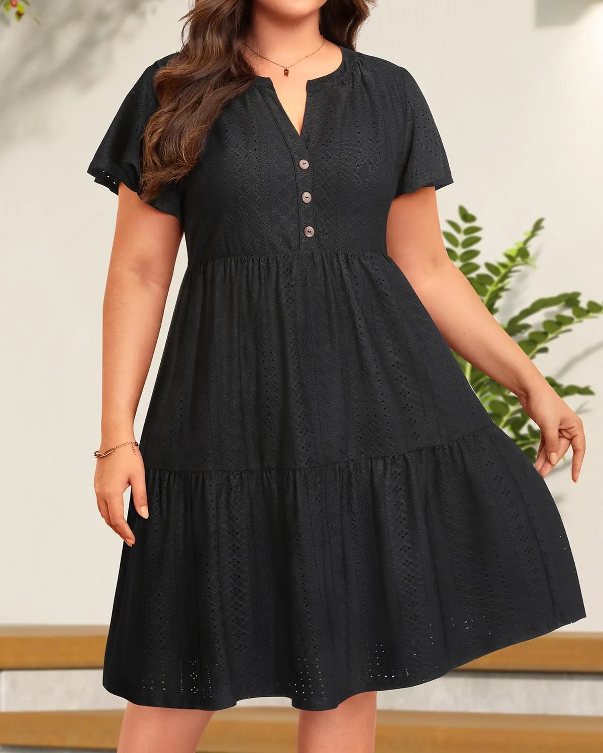 Plus Size Summer Dress - Casual Sundress Beach Short Sleeve V Neck Tiered Button Up Boho Midi Flowy Sun Dresses Women