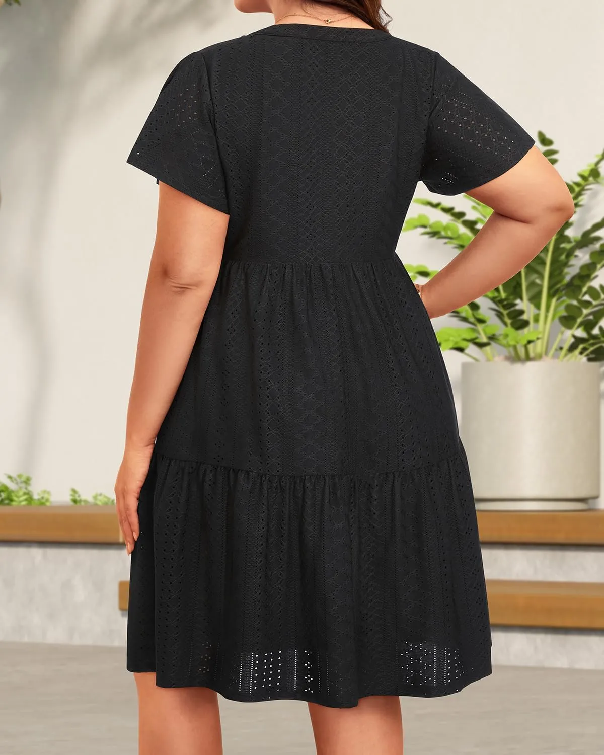 Plus Size Summer Dress - Casual Sundress Beach Short Sleeve V Neck Tiered Button Up Boho Midi Flowy Sun Dresses Women