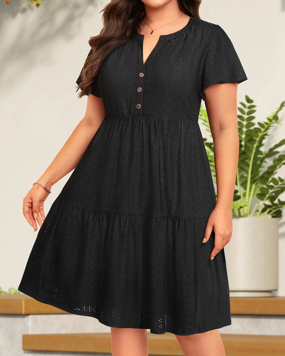 Plus Size Summer Dress - Casual Sundress Beach Short Sleeve V Neck Tiered Button Up Boho Midi Flowy Sun Dresses Women