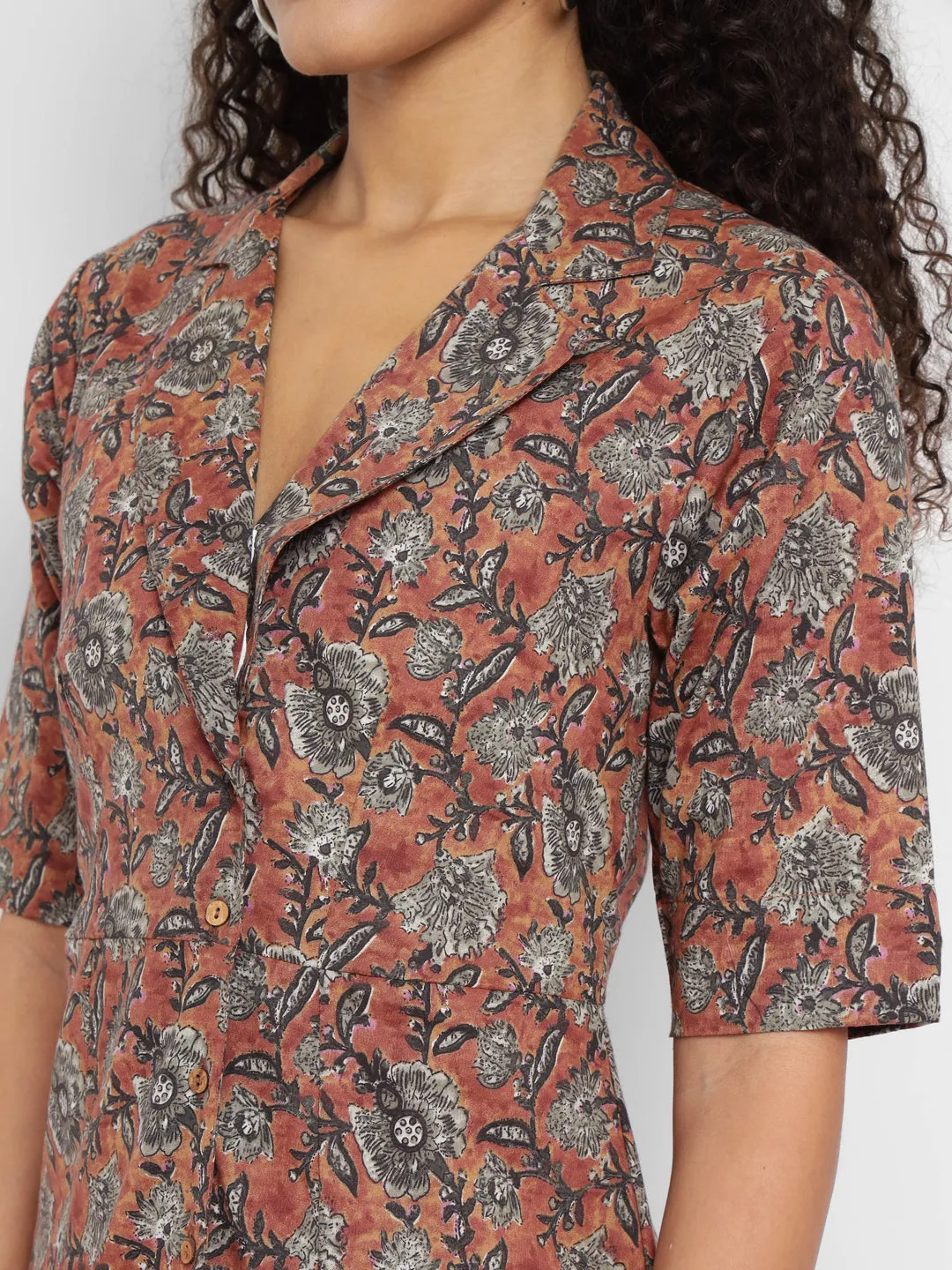 Porsorte Womens  Cotton Brown Printed Shirt Midi Dress