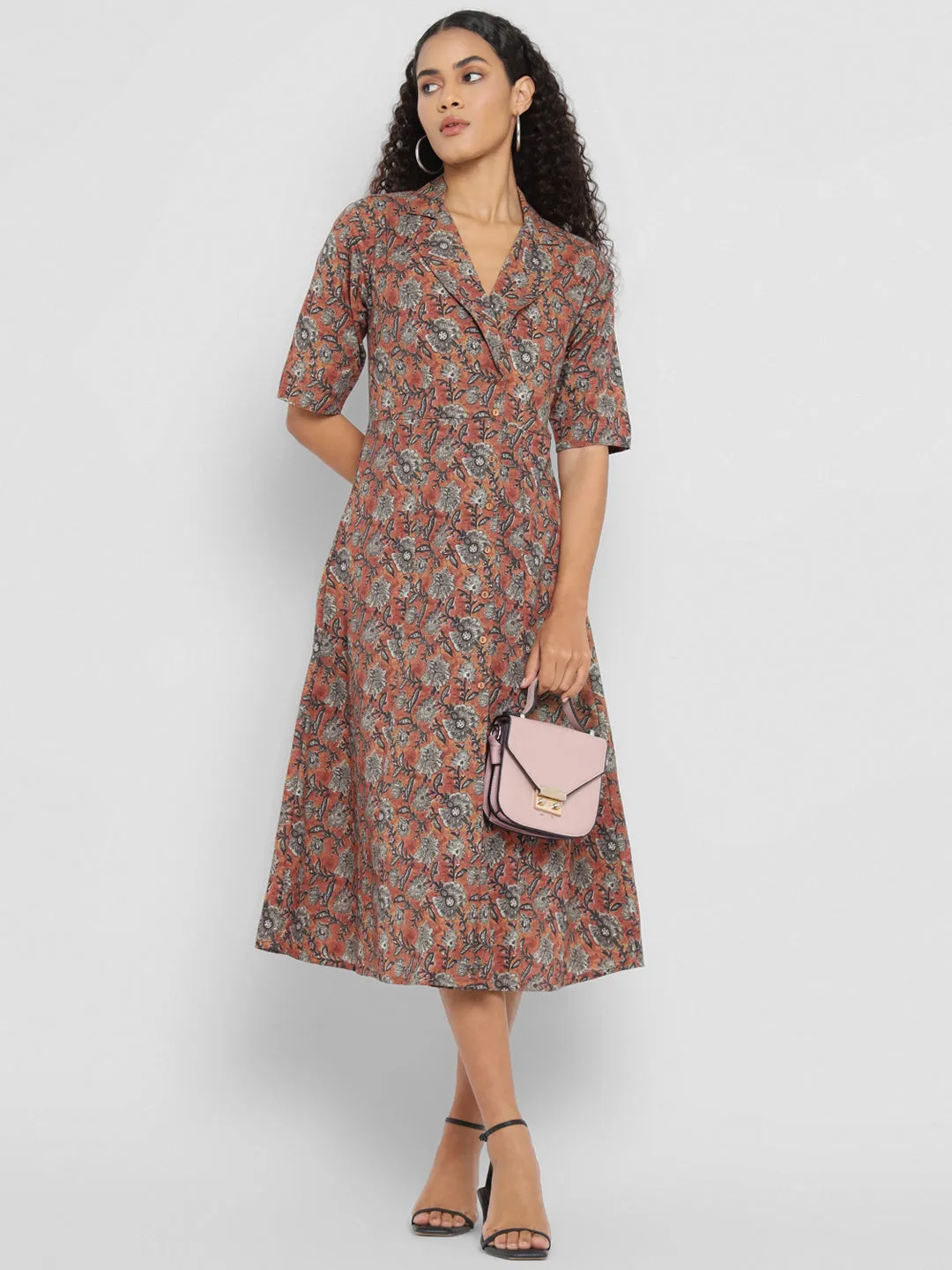 Porsorte Womens  Cotton Brown Printed Shirt Midi Dress