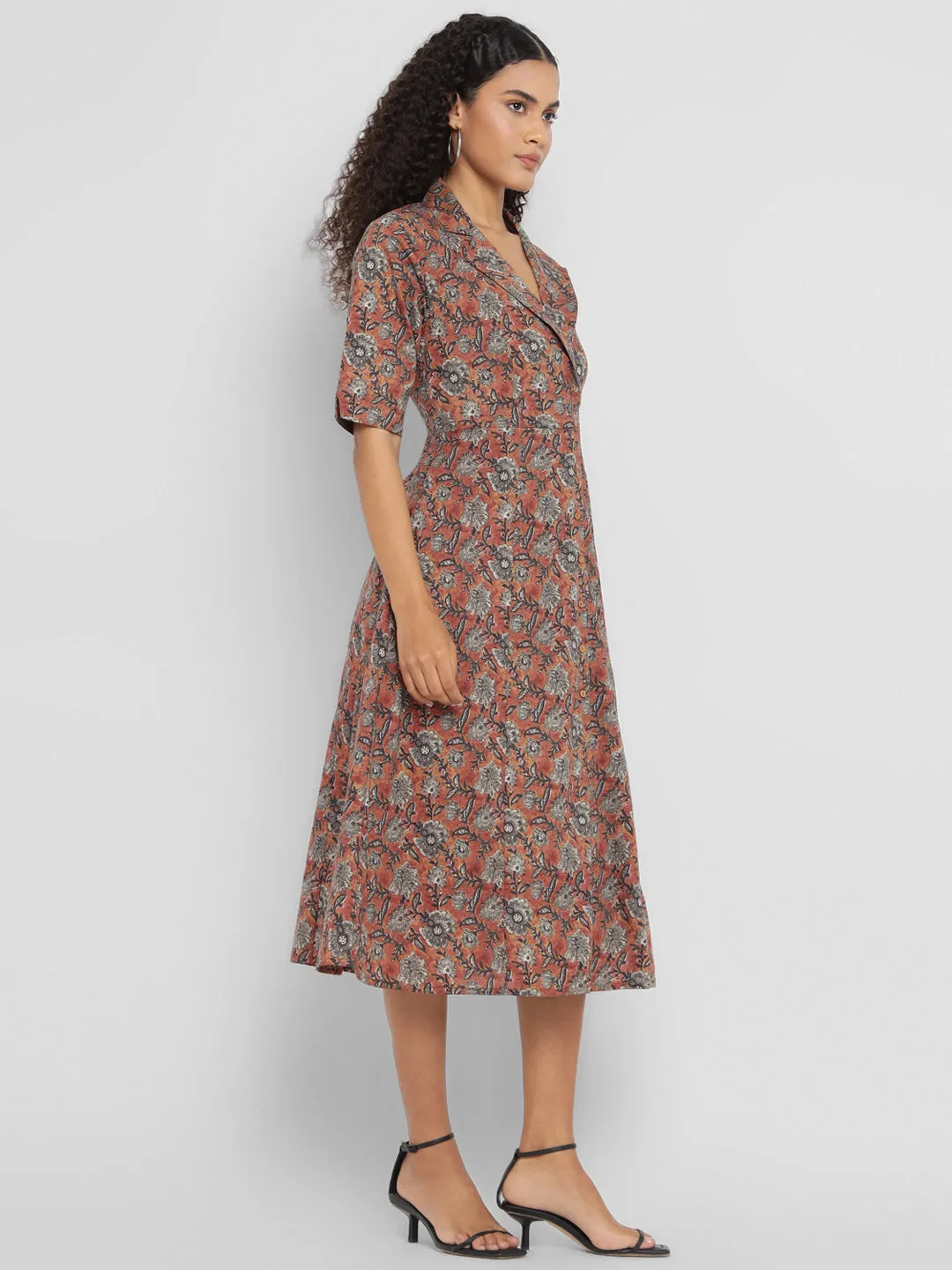 Porsorte Womens  Cotton Brown Printed Shirt Midi Dress