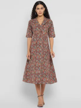 Porsorte Womens  Cotton Brown Printed Shirt Midi Dress