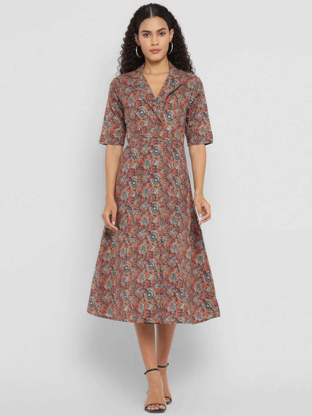 Porsorte Womens  Cotton Brown Printed Shirt Midi Dress