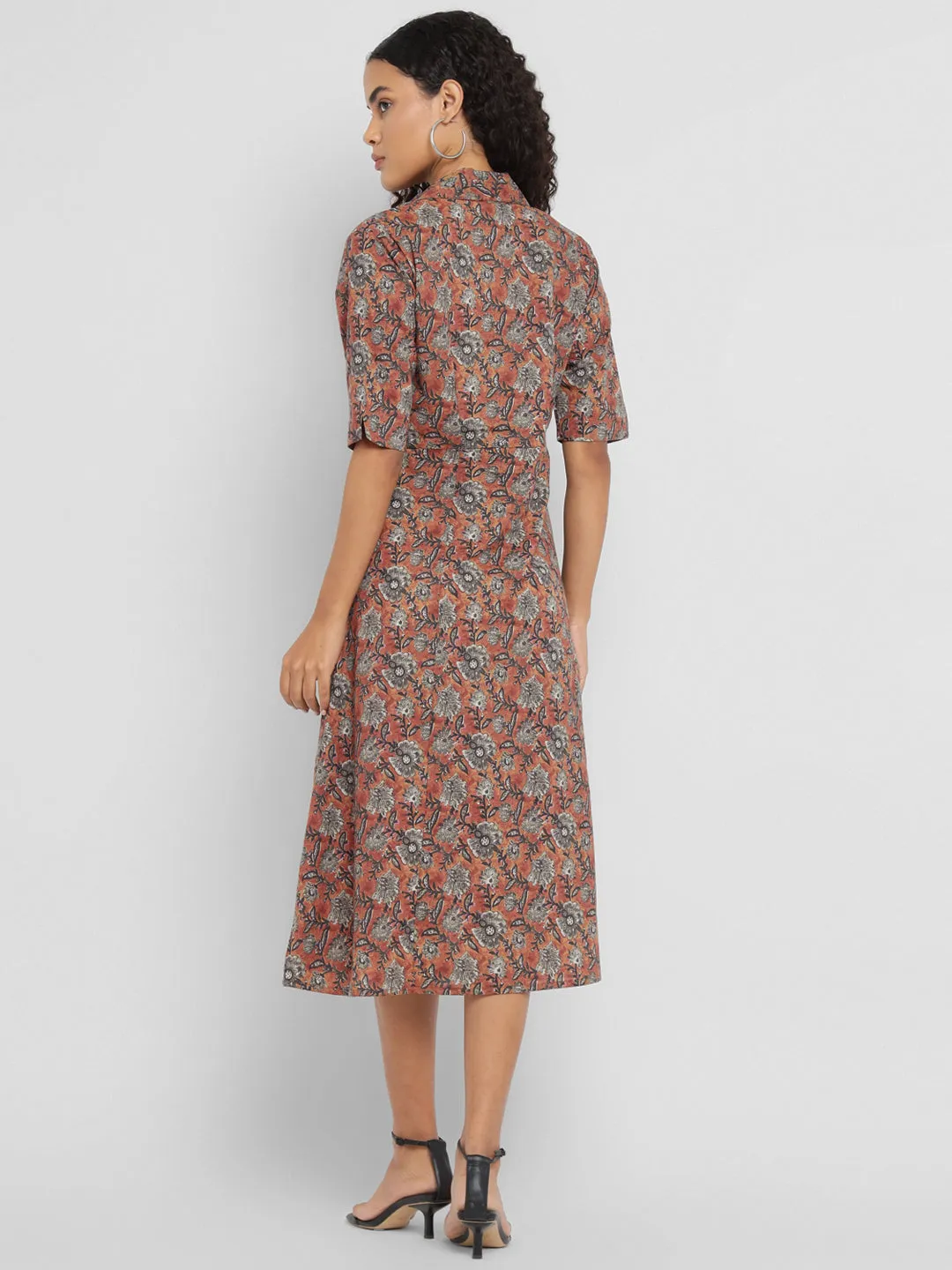Porsorte Womens  Cotton Brown Printed Shirt Midi Dress