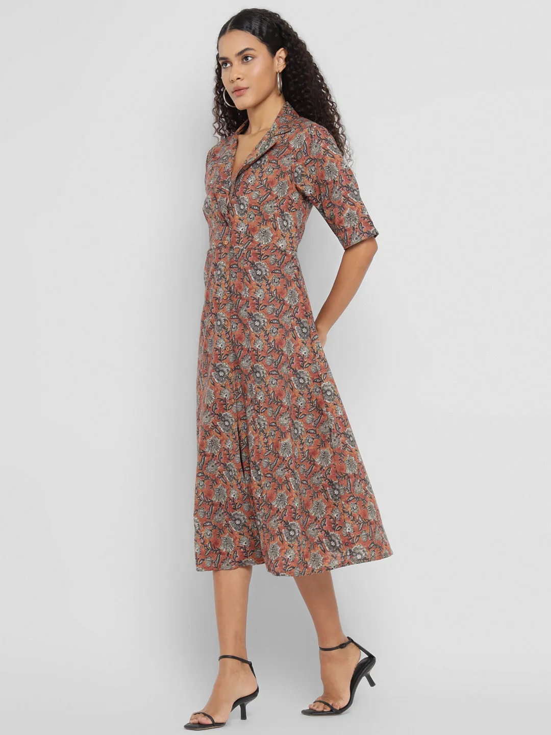 Porsorte Womens  Cotton Brown Printed Shirt Midi Dress