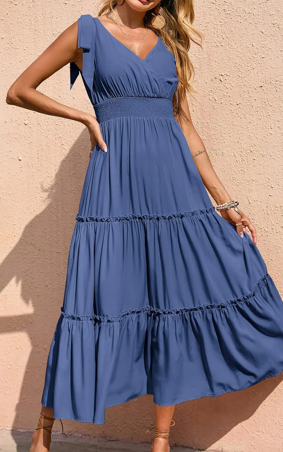 PRETTYGARDEN Women's Cross Neck Summer Sleeveless Tiered Maxi Dress Beach Tie Strap Smocked Long Dresses Pleated Sundress