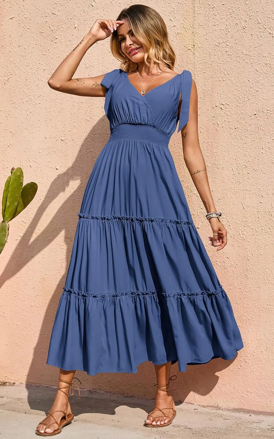 PRETTYGARDEN Women's Cross Neck Summer Sleeveless Tiered Maxi Dress Beach Tie Strap Smocked Long Dresses Pleated Sundress