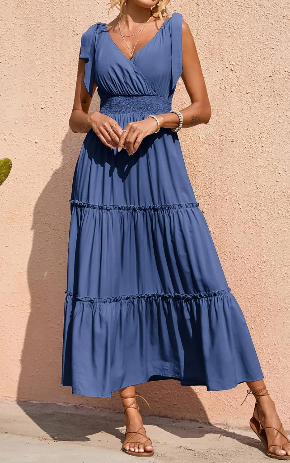 PRETTYGARDEN Women's Cross Neck Summer Sleeveless Tiered Maxi Dress Beach Tie Strap Smocked Long Dresses Pleated Sundress
