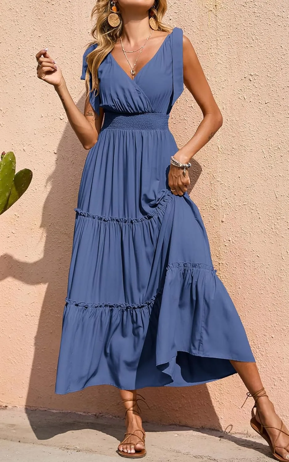 PRETTYGARDEN Women's Cross Neck Summer Sleeveless Tiered Maxi Dress Beach Tie Strap Smocked Long Dresses Pleated Sundress