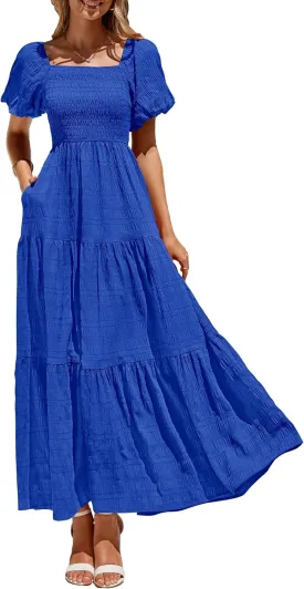 PRETTYGARDEN Womens Summer Puff Short Sleeve Maxi Dress Square Neck Smocked Tiered Ruffle A Line Long Flowy Beach Dresses