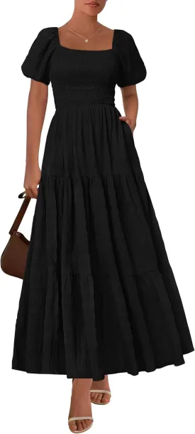 PRETTYGARDEN Womens Summer Puff Short Sleeve Maxi Dress Square Neck Smocked Tiered Ruffle A Line Long Flowy Beach Dresses
