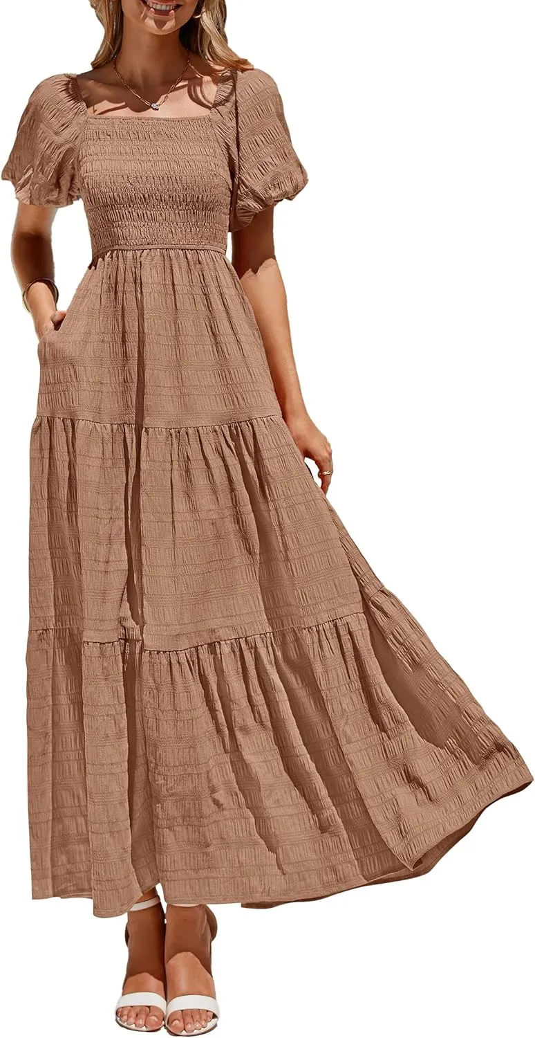PRETTYGARDEN Womens Summer Puff Short Sleeve Maxi Dress Square Neck Smocked Tiered Ruffle A Line Long Flowy Beach Dresses