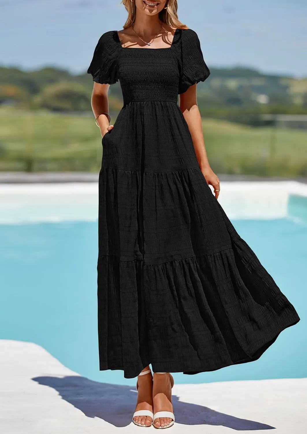 PRETTYGARDEN Womens Summer Puff Short Sleeve Maxi Dress Square Neck Smocked Tiered Ruffle A Line Long Flowy Beach Dresses
