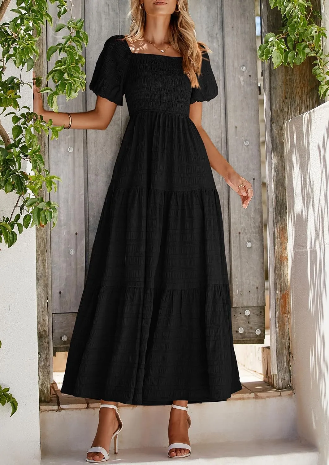 PRETTYGARDEN Womens Summer Puff Short Sleeve Maxi Dress Square Neck Smocked Tiered Ruffle A Line Long Flowy Beach Dresses
