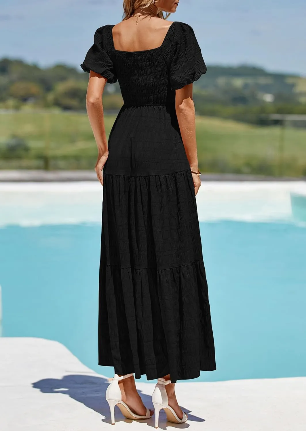 PRETTYGARDEN Womens Summer Puff Short Sleeve Maxi Dress Square Neck Smocked Tiered Ruffle A Line Long Flowy Beach Dresses