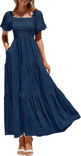 PRETTYGARDEN Womens Summer Puff Short Sleeve Maxi Dress Square Neck Smocked Tiered Ruffle A Line Long Flowy Beach Dresses