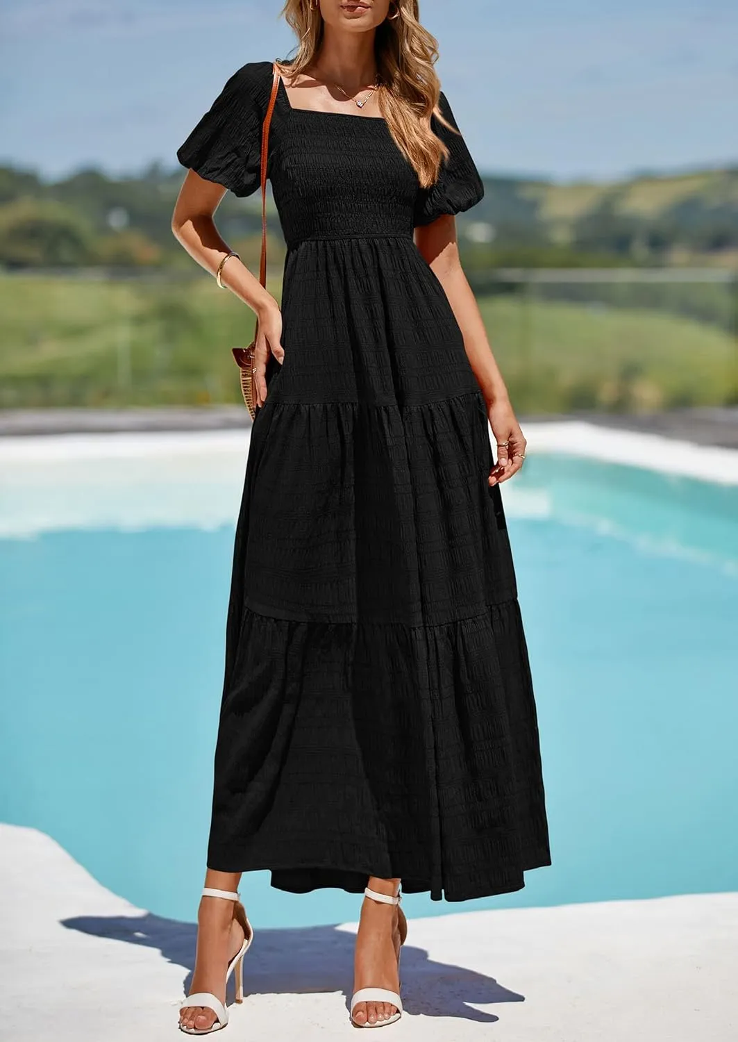 PRETTYGARDEN Womens Summer Puff Short Sleeve Maxi Dress Square Neck Smocked Tiered Ruffle A Line Long Flowy Beach Dresses