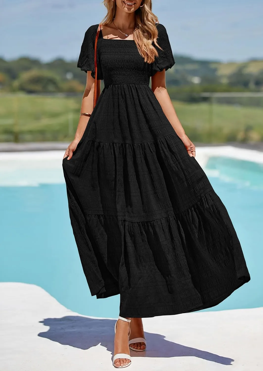 PRETTYGARDEN Womens Summer Puff Short Sleeve Maxi Dress Square Neck Smocked Tiered Ruffle A Line Long Flowy Beach Dresses