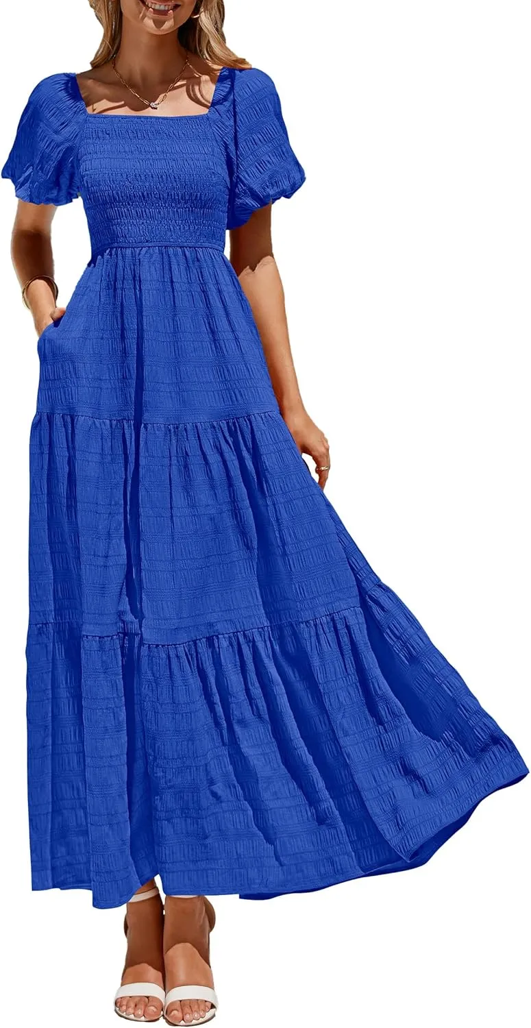 PRETTYGARDEN Womens Summer Puff Short Sleeve Maxi Dress Square Neck Smocked Tiered Ruffle A Line Long Flowy Beach Dresses
