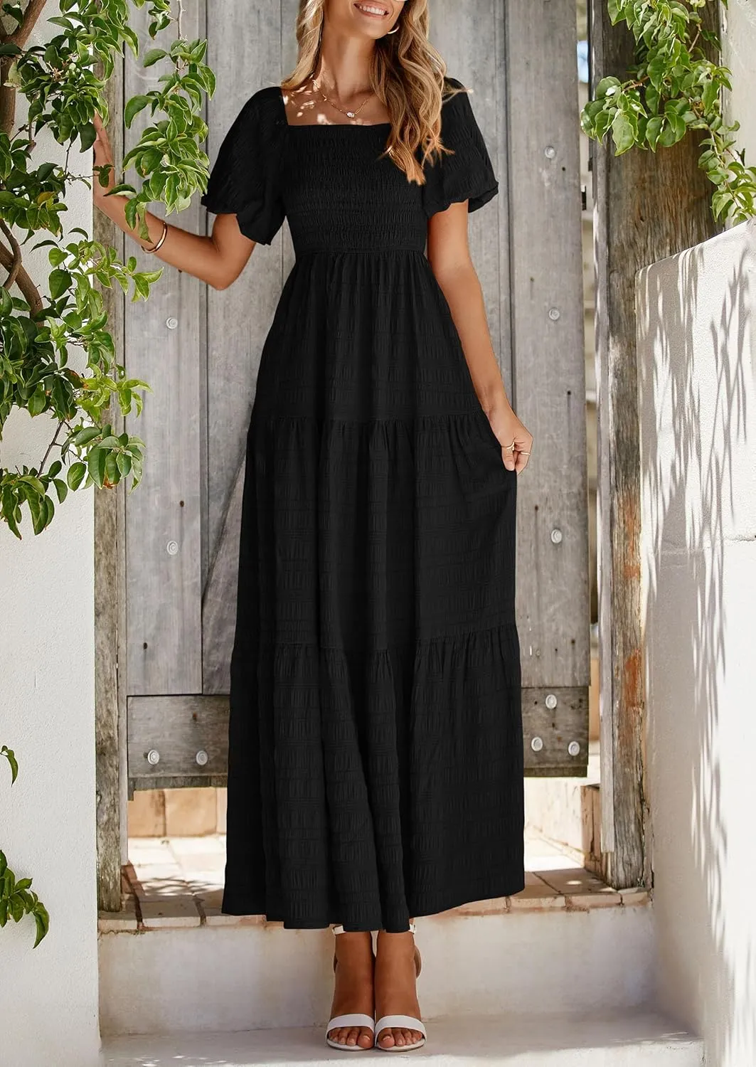 PRETTYGARDEN Womens Summer Puff Short Sleeve Maxi Dress Square Neck Smocked Tiered Ruffle A Line Long Flowy Beach Dresses