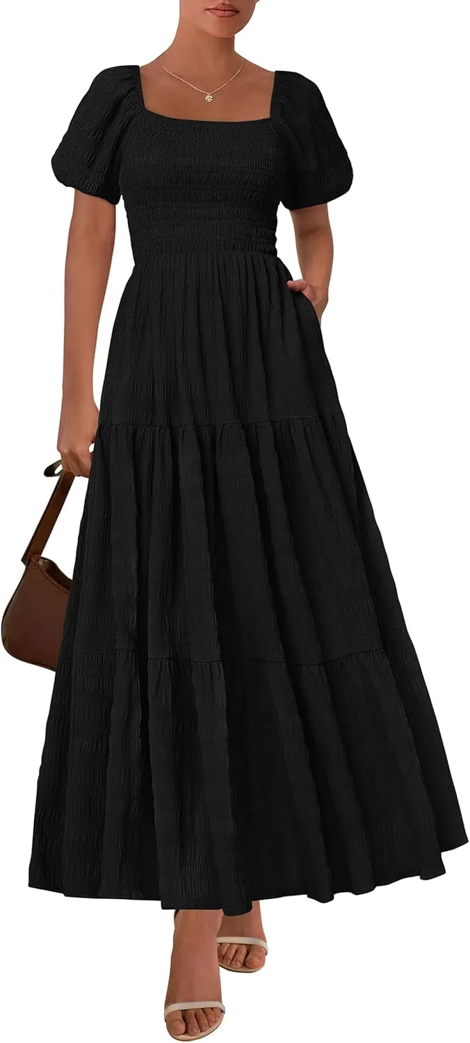 PRETTYGARDEN Womens Summer Puff Short Sleeve Maxi Dress Square Neck Smocked Tiered Ruffle A Line Long Flowy Beach Dresses