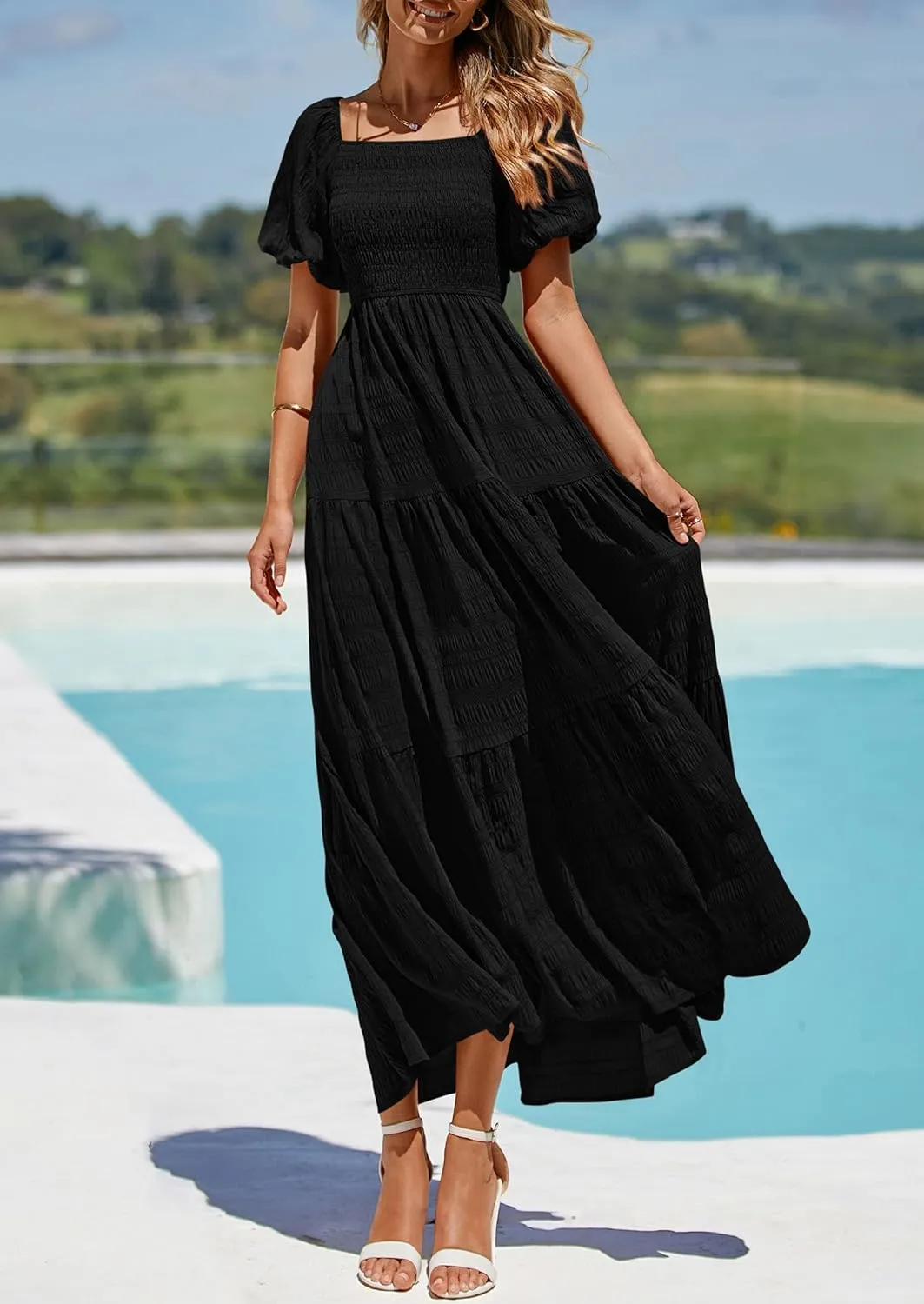 PRETTYGARDEN Womens Summer Puff Short Sleeve Maxi Dress Square Neck Smocked Tiered Ruffle A Line Long Flowy Beach Dresses