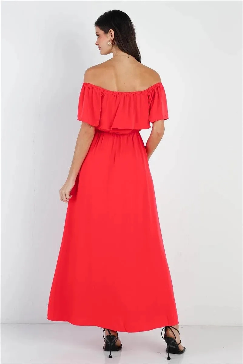 Red Off Shoulder Ruffle Maxi Dress