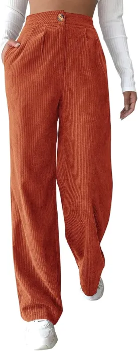 sdbrld Corduroy Pants Women,Womens Corduroy Pants Vintage High Waisted Straight Leg Pants Loose Comfy Trousers with Pockets