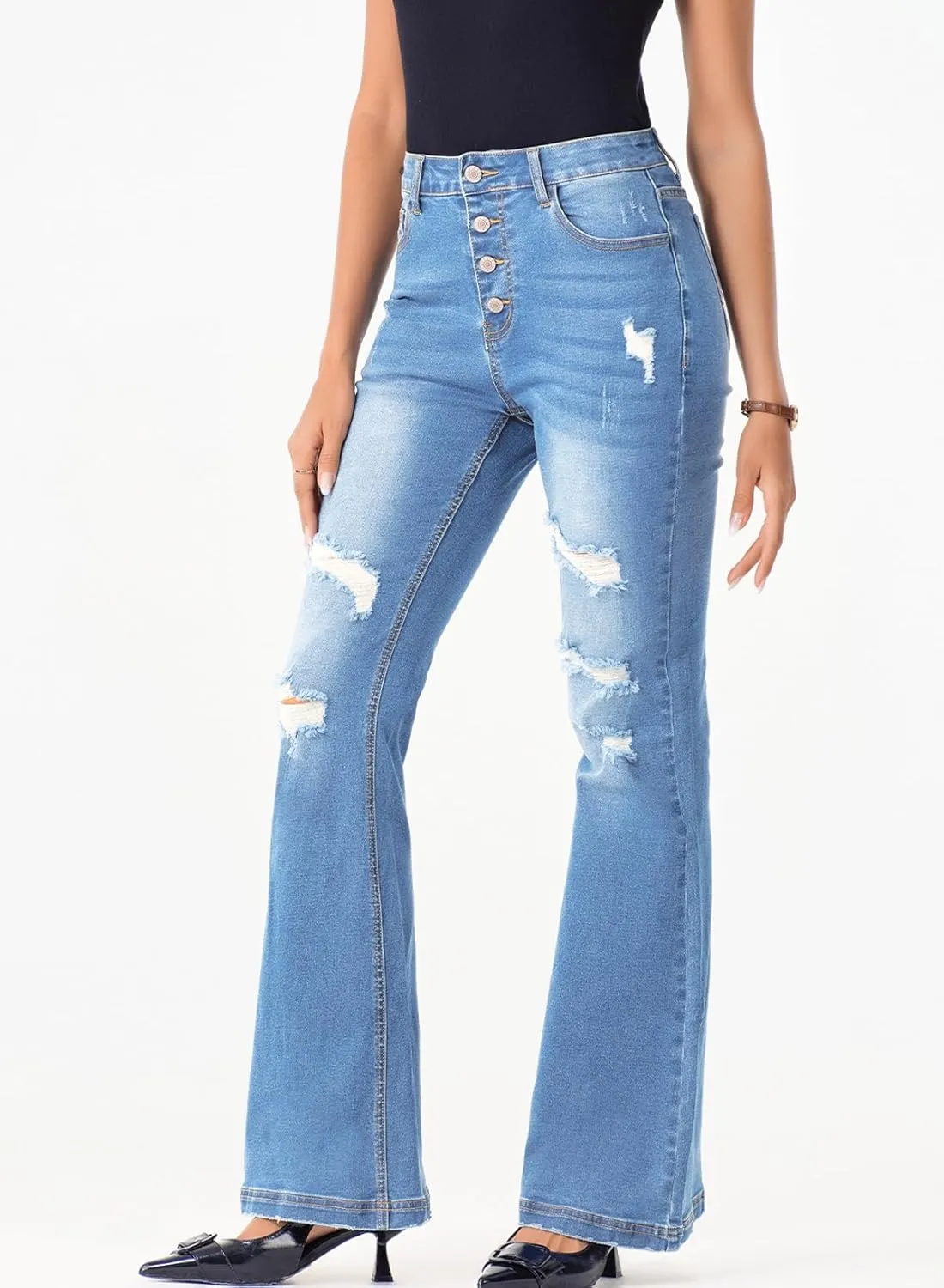 Sidefeel Women's High Waisted Bell Bottom Bootcut Jeans Flared Wide Leg Denim Pants