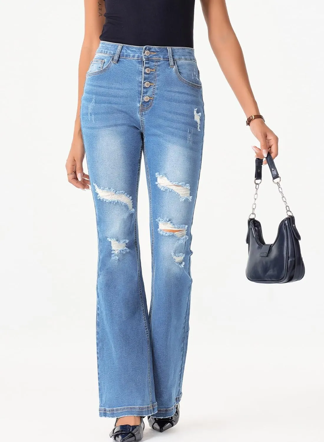 Sidefeel Women's High Waisted Bell Bottom Bootcut Jeans Flared Wide Leg Denim Pants