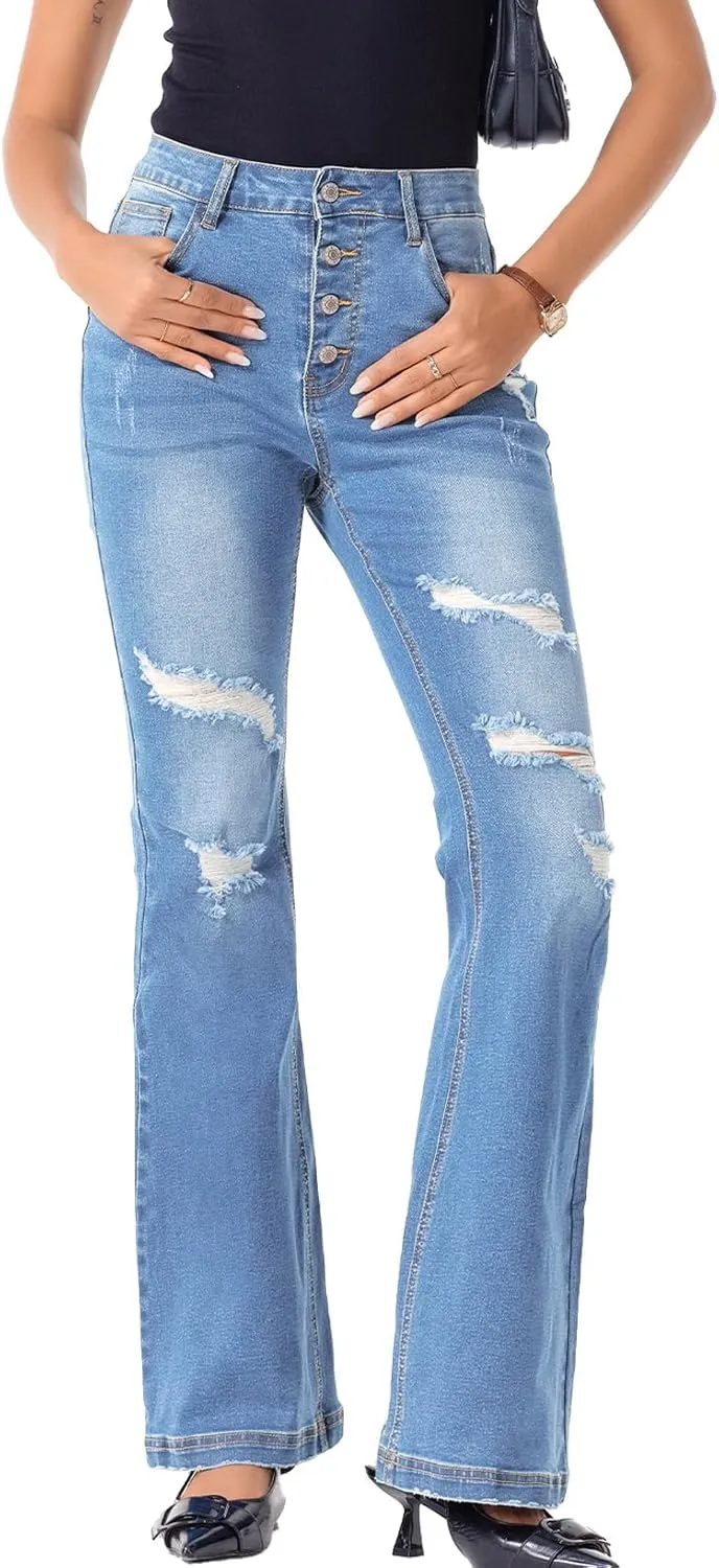 Sidefeel Women's High Waisted Bell Bottom Bootcut Jeans Flared Wide Leg Denim Pants
