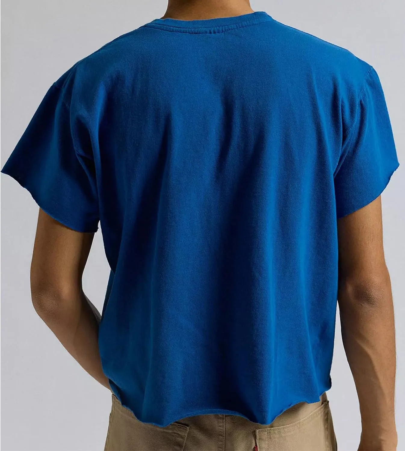 Sunborui Men's Boxy Cropped Raw Cut Tee Short Sleeve Round Neck T Shirts Casual Basic Tops