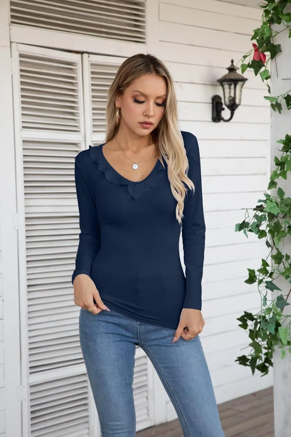 VICHYIE Womens Long Sleeve Shirts V Neck Ruffle Hem Slim Fitted Ribbed Knit Trendy Tee Tight Tops