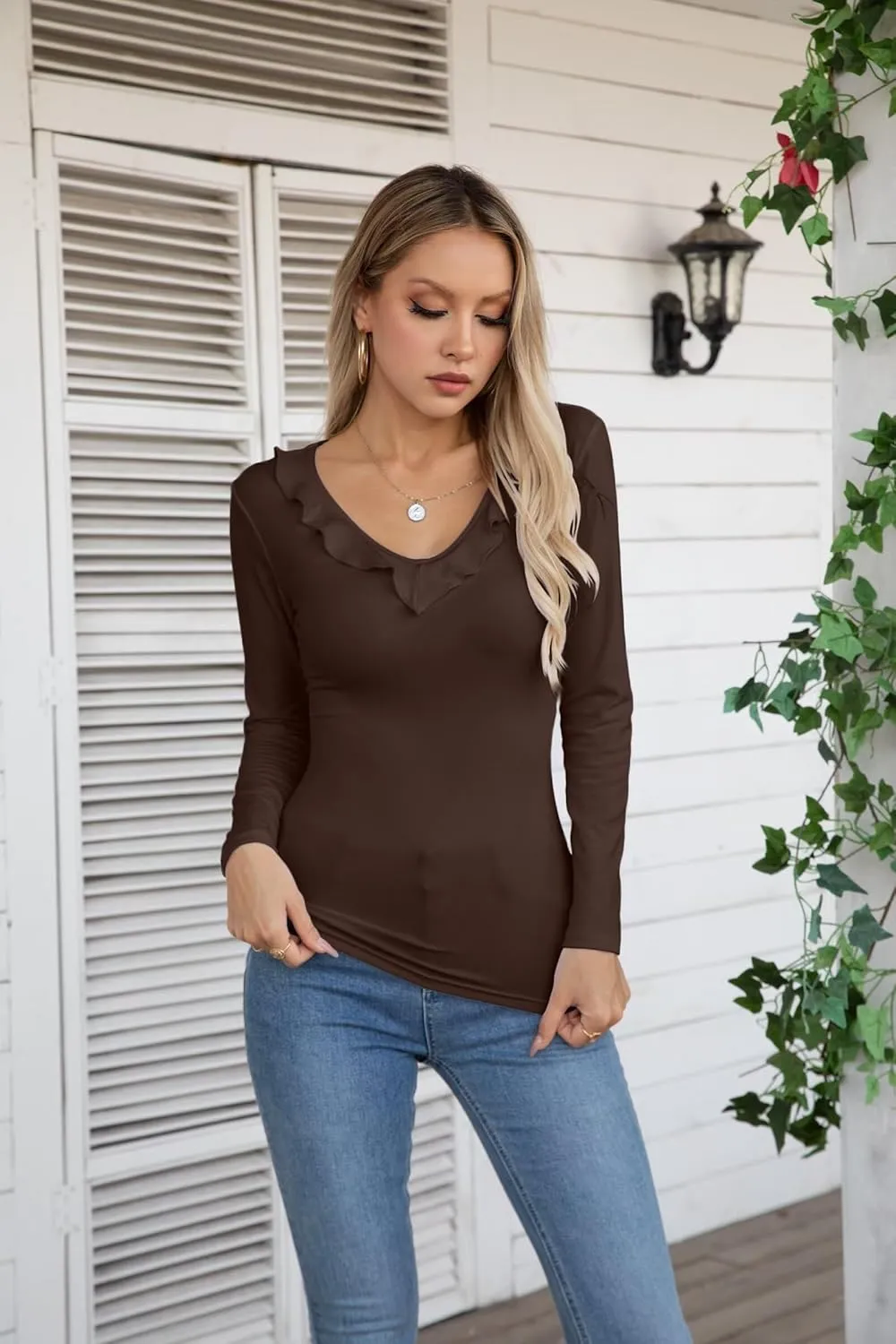 VICHYIE Womens Long Sleeve Shirts V Neck Ruffle Hem Slim Fitted Ribbed Knit Trendy Tee Tight Tops