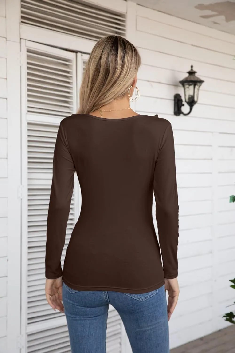 VICHYIE Womens Long Sleeve Shirts V Neck Ruffle Hem Slim Fitted Ribbed Knit Trendy Tee Tight Tops