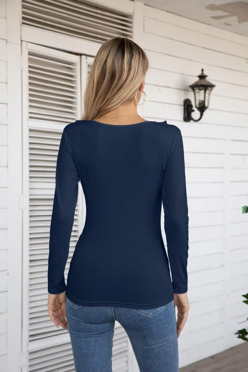 VICHYIE Womens Long Sleeve Shirts V Neck Ruffle Hem Slim Fitted Ribbed Knit Trendy Tee Tight Tops
