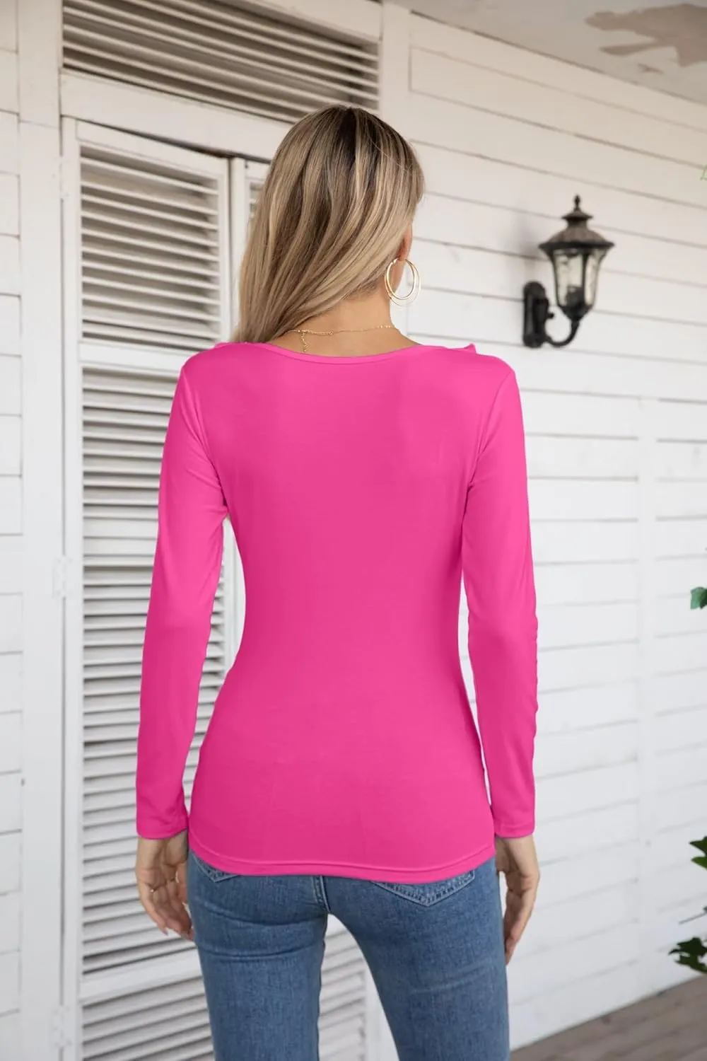 VICHYIE Womens Long Sleeve Shirts V Neck Ruffle Hem Slim Fitted Ribbed Knit Trendy Tee Tight Tops