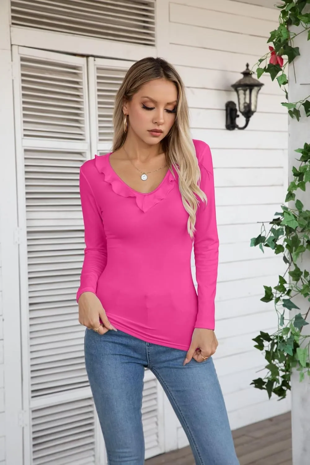 VICHYIE Womens Long Sleeve Shirts V Neck Ruffle Hem Slim Fitted Ribbed Knit Trendy Tee Tight Tops